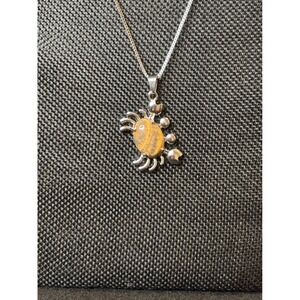 Silver Tone Stainless Steel Crab Pendant Necklace Yellow Jasper Stone 22 Inch